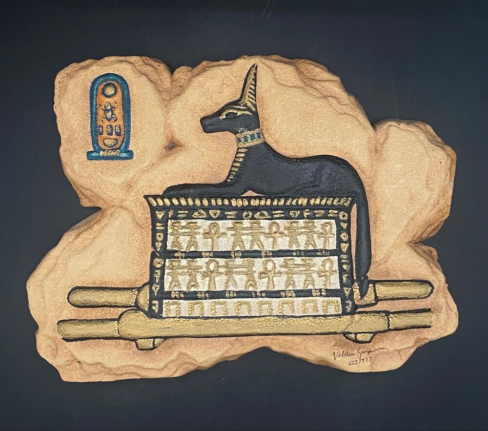Veldon Simpson Signed Egyptian Revival Wall Plaque Anubis Sarcophagus Relief